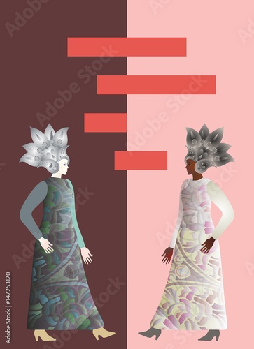 Illustration for the book cover. Abstract african and european girls models on brown and pink background. Space for text. Banner. Fashion week.