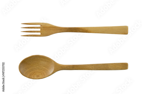 Wooden spoon and fork isolated on white background., This has clipping path.