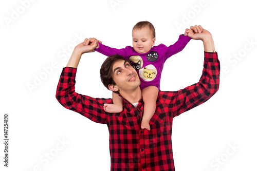 Happy Father holding daughter on neck isolated on white photo