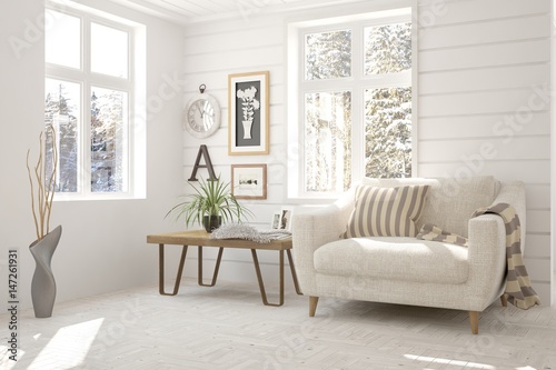 White room with armchair and winter landscape in window. Scandinavian interior design. 3D illustration