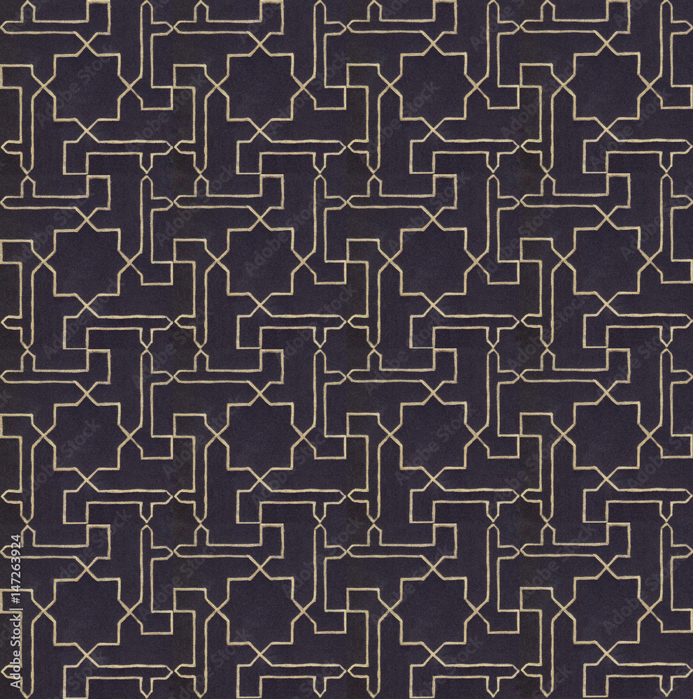 Hand-drawn seamless pattern. Gold ornament on black paper in the oriental style of girih.