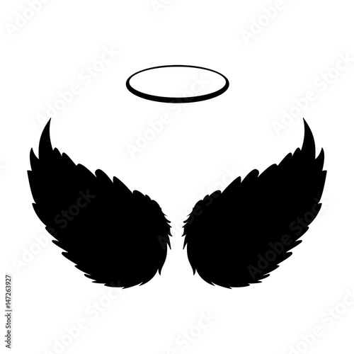 Silhouette of black angel wings and halo on a white background. Vector feathers silhouette design element.