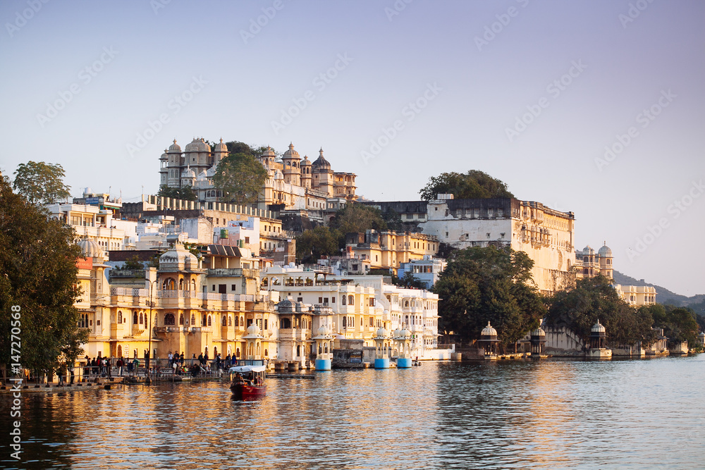 Indian architecture in Udaipur Rajasthan. Panoramic view of Pichola lake