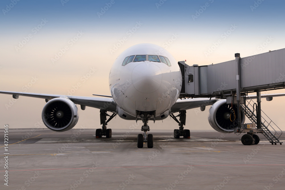 Civil passenger airplane standing near the gate.