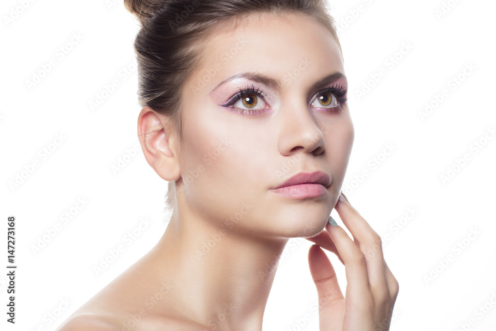 Beautiful young woman on a white background, beauty concept Beautiful young woman on a white background, beauty concept