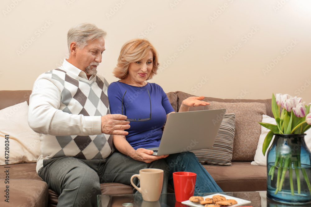 Cute elderly couple with laptop at home