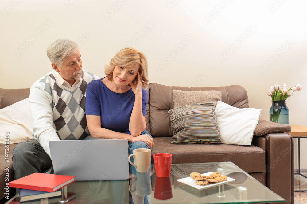 Obraz premium Cute elderly couple with laptop at home