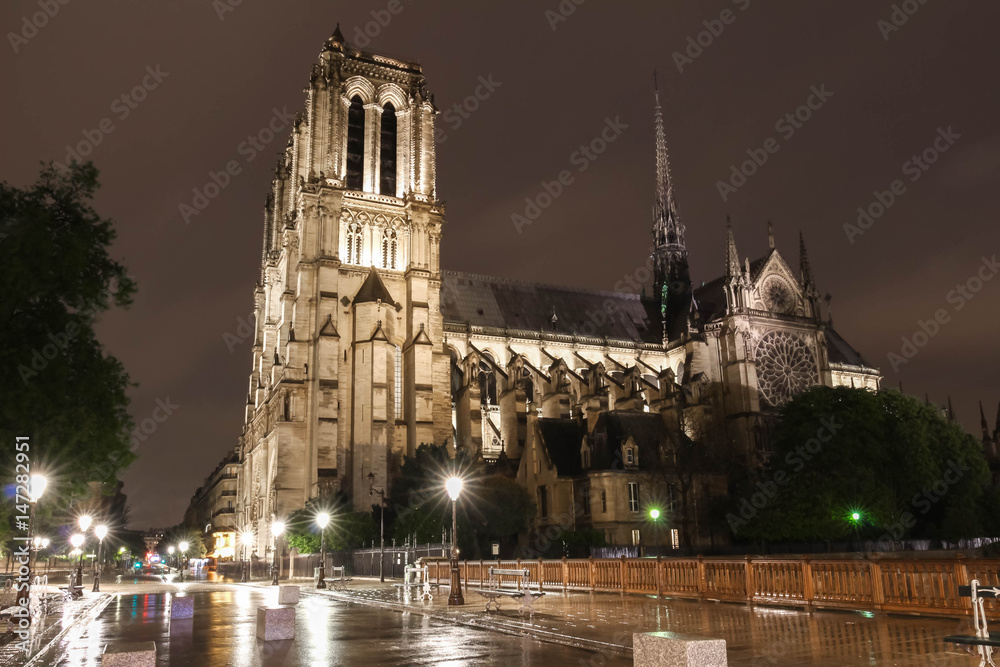 The Notre Dame cathedral at rainy night, Paris, France.