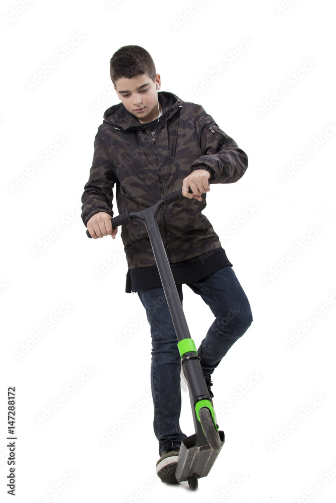 child on scooter isolated on white background