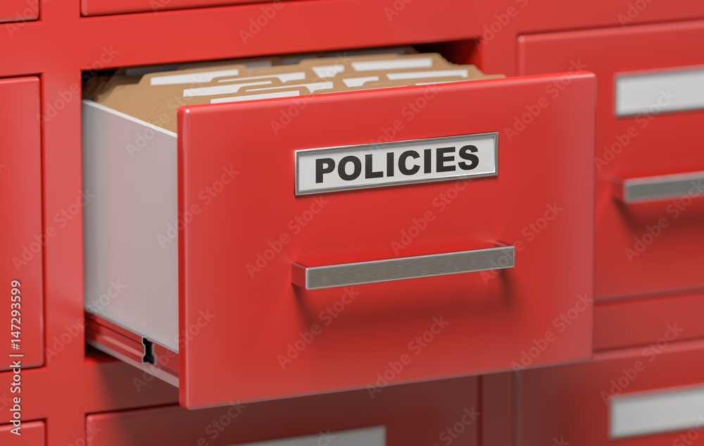 3D rendered illustration of cabinet with policies folders and files.