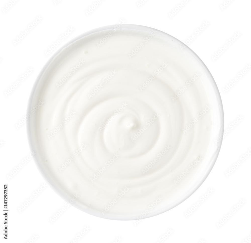 Bowl of Yogurt Isolated on White Background, Top View Bowl of Yogurt Isolated on White Background, Top View