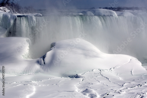 Winter time, frozen Niagara Waterfalls in Canada. 