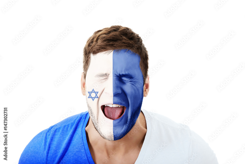 Screaming man with Israel flag on face. Screaming man with Israel flag on face.