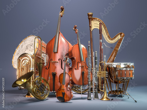 Fotografie, Obraz Orchestra musical instruments on grey background. 3D rendering
