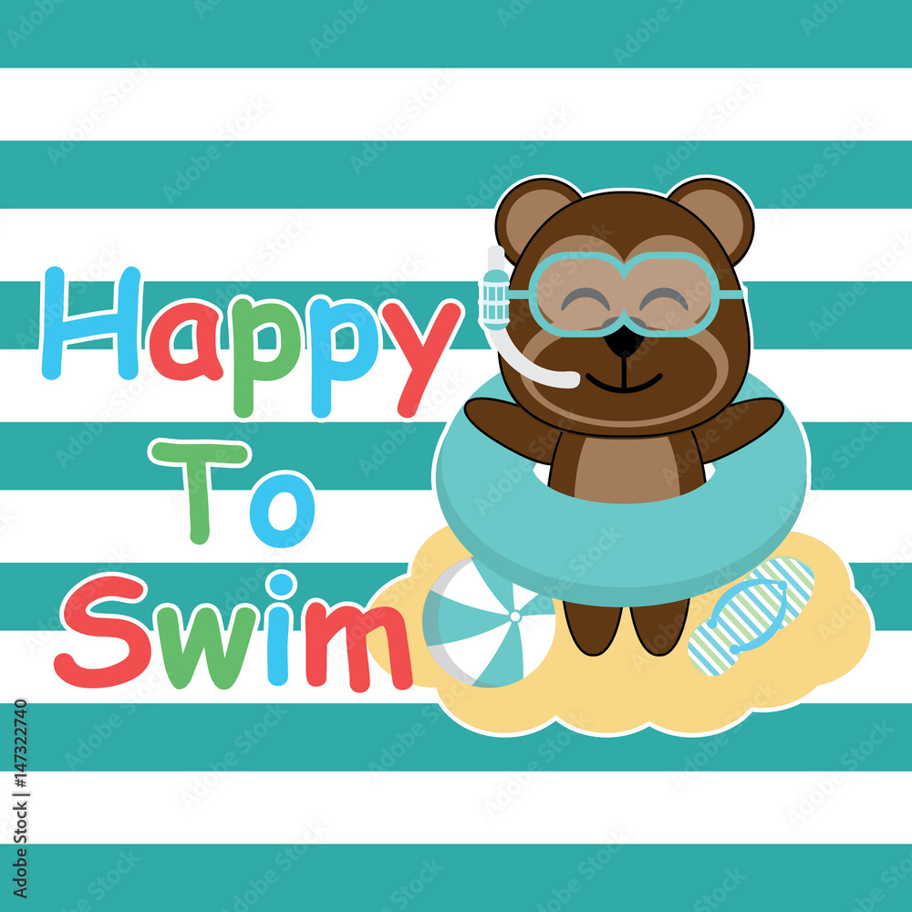 Fototapeta premium Cute monkey brings swim ring and glasses on striped background vector cartoon, Summer postcard, wallpaper, and greeting card, T-shirt design for kids