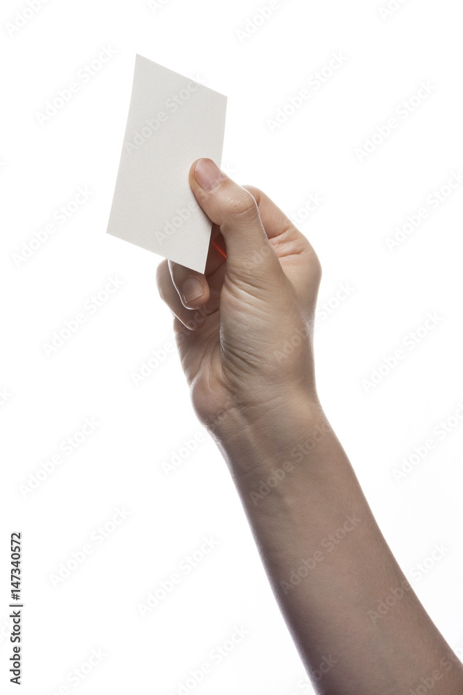 woman hand hold a paper(name card) isolated white. woman hand hold a paper(name card) isolated white.
