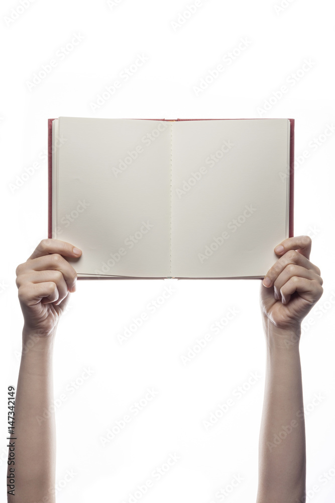 woman hand hold a red book isolated white. woman hand hold a red book isolated white.
