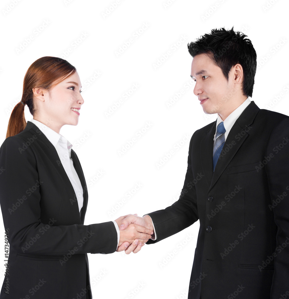shaking hand between businessman and businesswoman isolated on white shaking hand between businessman and businesswoman isolated on white