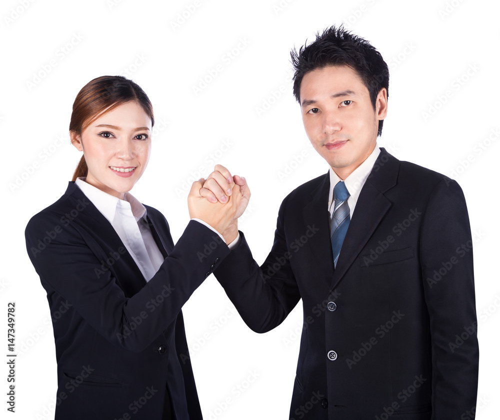 Arm wrestling between businessman and businesswoman isolated on white Arm wrestling between businessman and businesswoman isolated on white