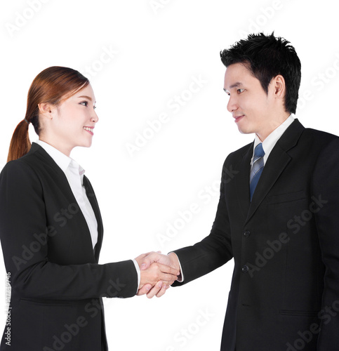 shaking hand between businessman and businesswoman isolated on white
