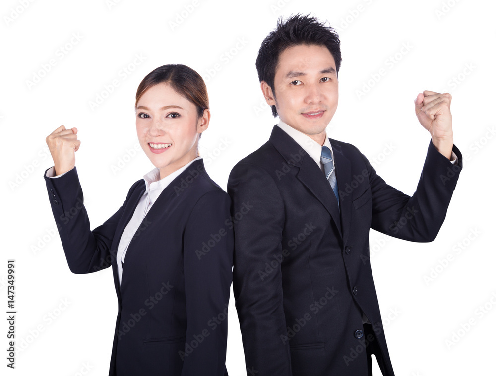 Successful business man and woman with arm raised isolated on white Successful business man and woman with arm raised isolated on white