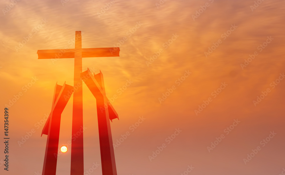Three crosses over sunset background