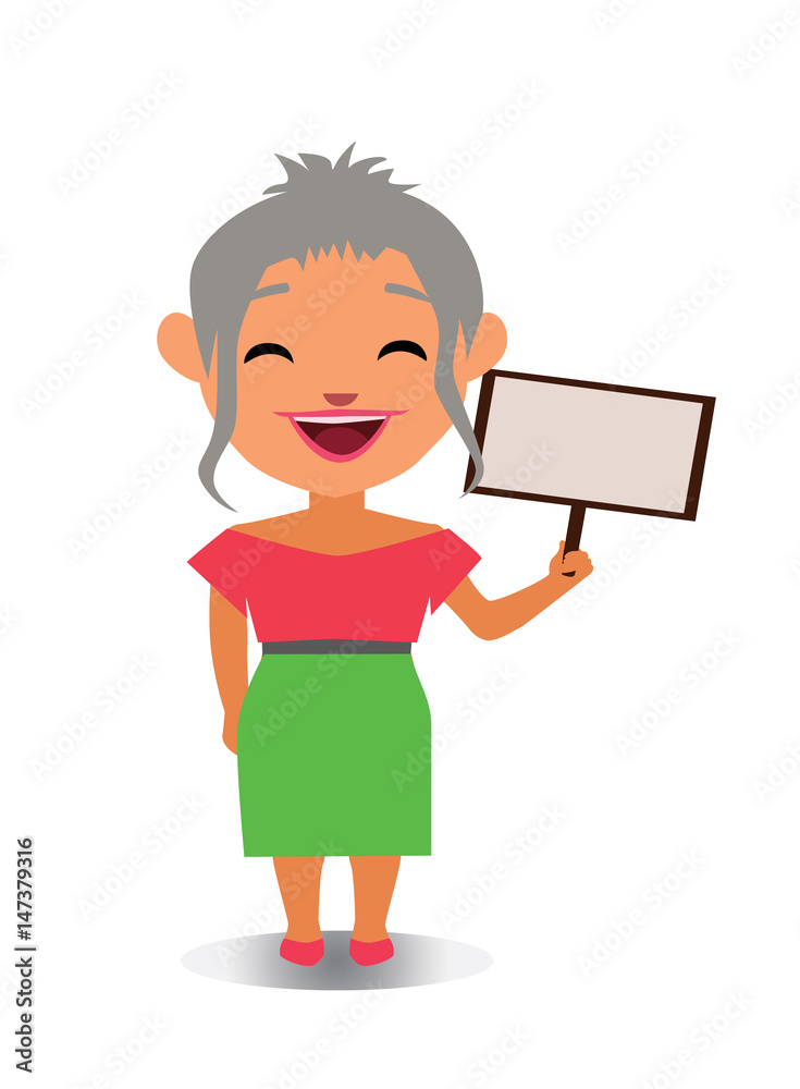 Happy, Smiling and Laughing Avatar of Cartoon Character in Flat Vector - Use as Emoji, Mascot or Emoticon Middle-Aged Female with Blank Sign Board Illustration Isolated on White Background Happy, Smiling and Laughing Avatar of Cartoon Character in Flat Vector - Use as Emoji, Mascot or Emoticon Middle-Aged Female with Blank Sign Board Illustration Isolated on White Background