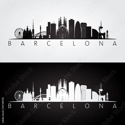 Barcelona skyline and landmarks silhouette, black and white design.