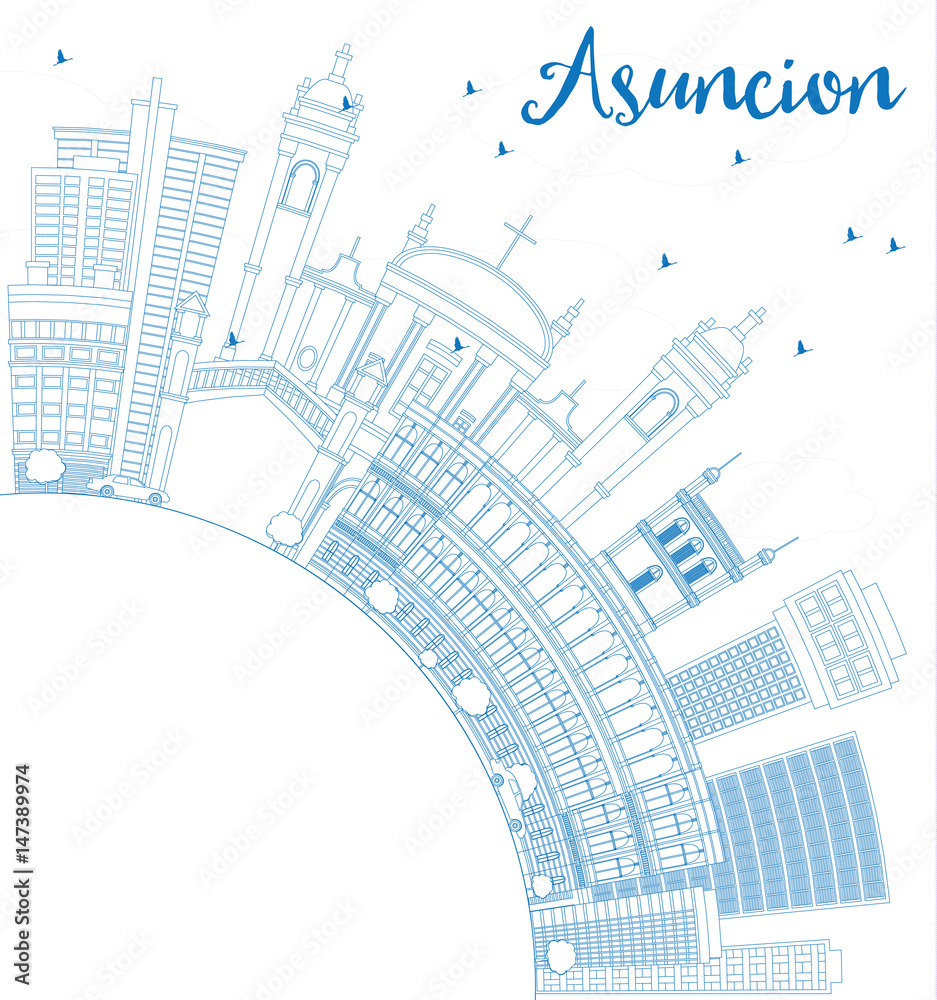 Outline Asuncion Skyline with Blue Buildings and Copy Space.