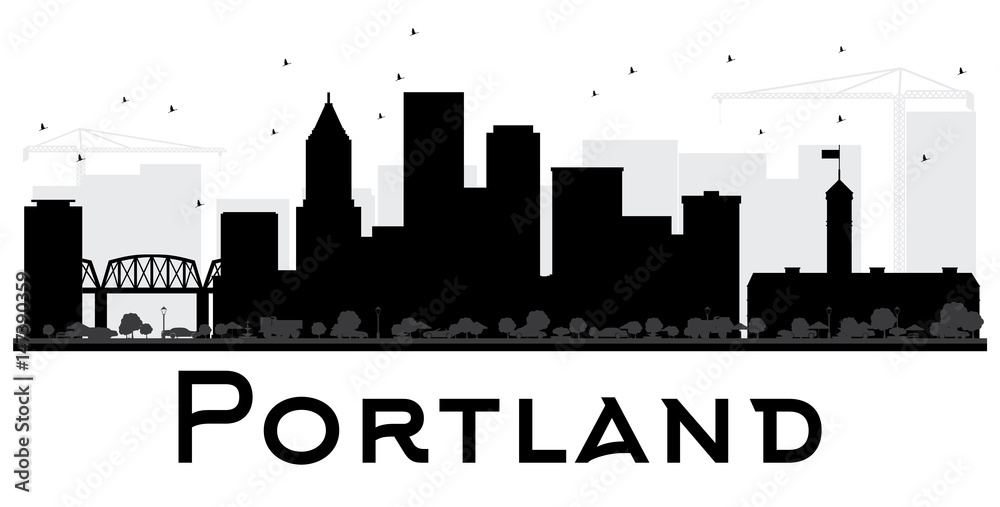 Portland City skyline black and white silhouette.