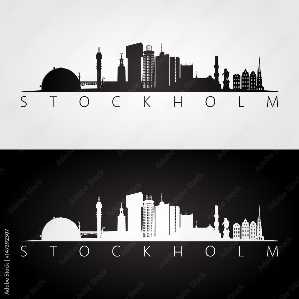 Stockholm skyline and landmarks silhouette, black and white design.