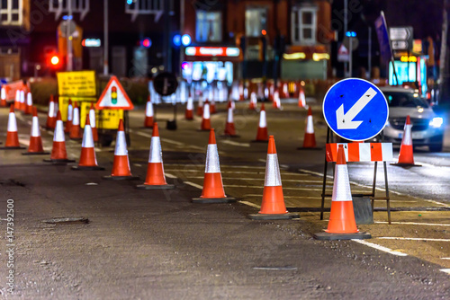 Fototapeta Naklejka Na Ścianę i Meble -  UK Road Services Roadworks Cones and Signs