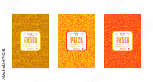Set of seamless pattern and template labels for pizza and pasta