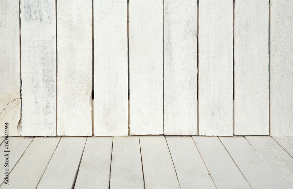 Naklejka premium Wooden texture background. white wood wall and floor