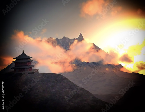 Sun temple - Buddhist shrine in the Himalayas 3d rendering