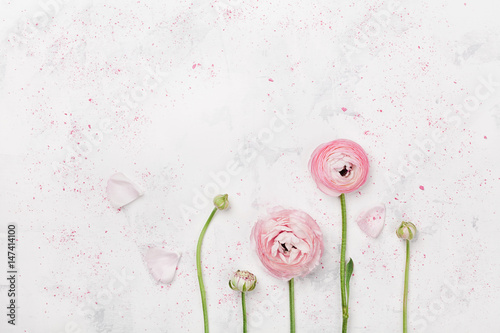 Beautiful pink ranunculus flowers on white table top view. Floral border in pastel color. Wedding mockup in flat lay style.