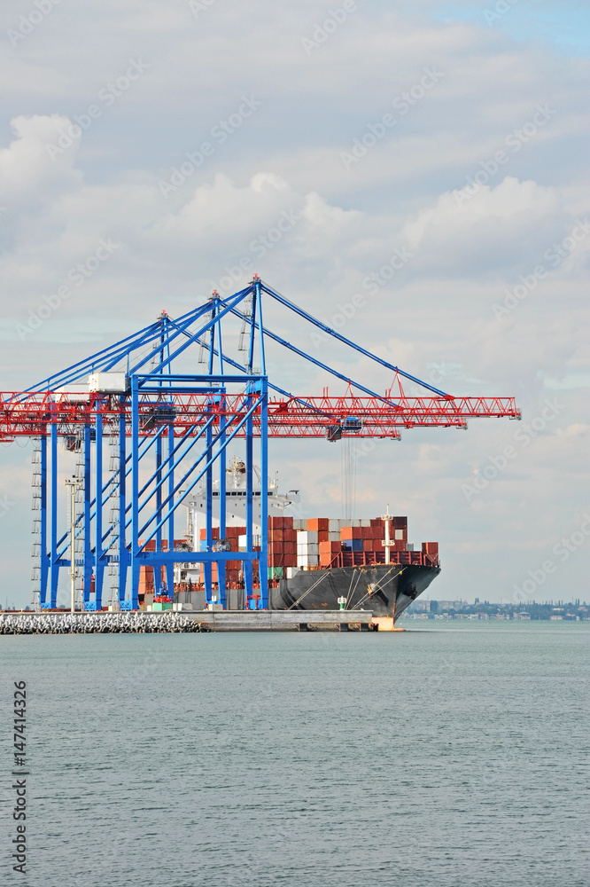 Port cargo crane, ship and container Port cargo crane, ship and container