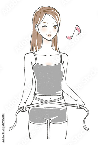 ウエストを測る女性　ロングヘア