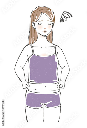 体の肉をつまむ女性　ロングヘア