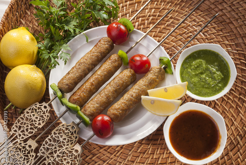 Chicken minced Shish Kebab with vegetable and mint dip 