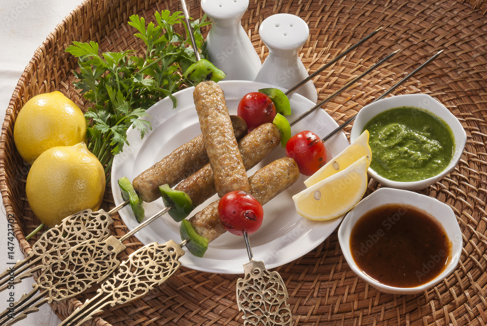 Chicken minced Shish Kebab with vegetable and mint dip Chicken minced Shish Kebab with vegetable and mint dip