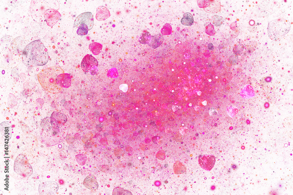 Abstract shining hearts and sparks swirl on white background. Fantastic fractal texture in bright pink colors. Digital art. 3D rendering. Abstract shining hearts and sparks swirl on white background. Fantastic fractal texture in bright pink colors. Digital art. 3D rendering.