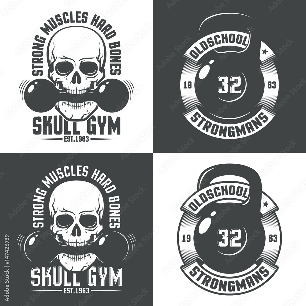 Retro logos for gym. Skull with dumbbell in the teeth. Kettlebell with vintage ribbon and inscriptions around. Versions for dark and light background. Retro logos for gym. Skull with dumbbell in the teeth. Kettlebell with vintage ribbon and inscriptions around. Versions for dark and light background.