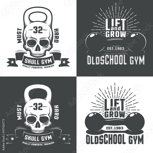 Logos for  athletic fitness club, or a retro-style gym. Skull in the form of a weight. Vintage dumbbell with inscriptions and sunburst.