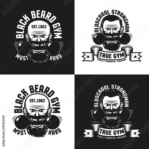 Old school logo of the gym with a bearded man holding a dumbbell in his teeth. Versions for dark and light backgrounds.