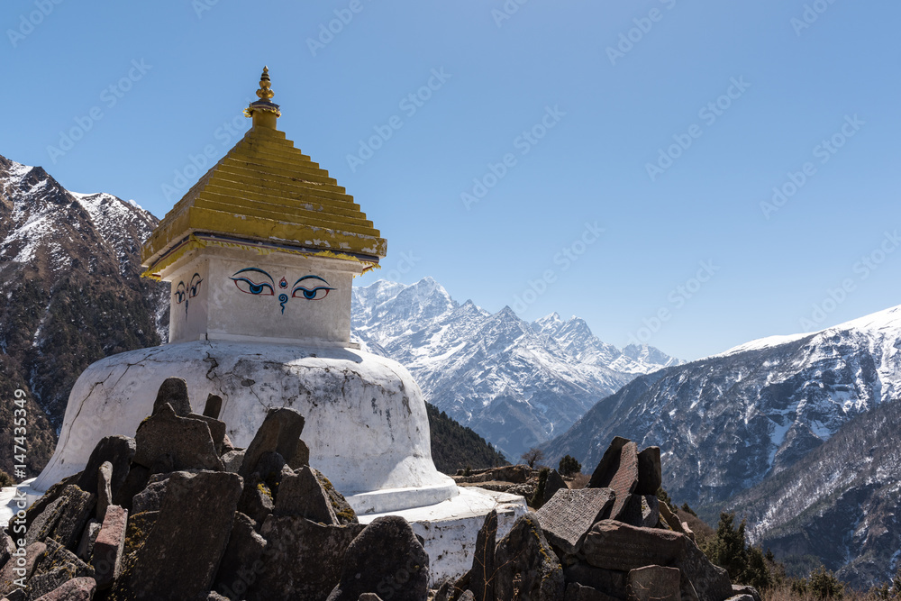 Stupa in Nepal mit Bergen