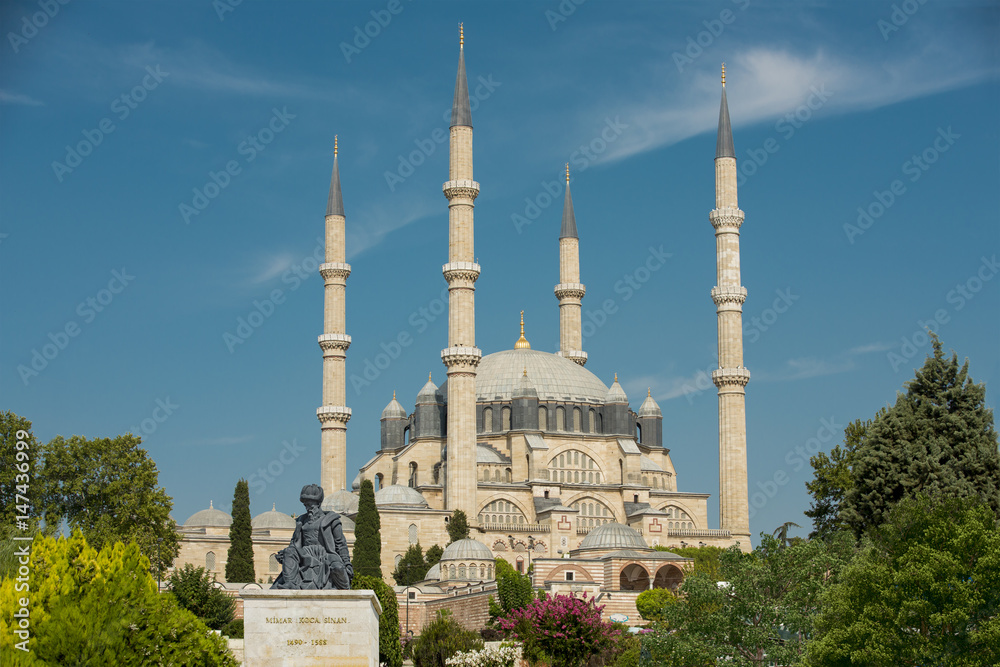 Selimiye Mosque and the Statue of Master Ottoman Architect Sinan in Edirne Turkey