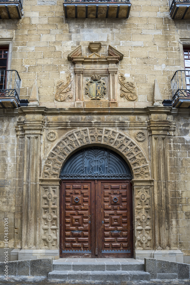 Facade of the Town Hall of Sos del Rey Catolico, Zaragoza, Aragon, eastern Spain.  It was built at the end of the XVI century in Renaissance style. 