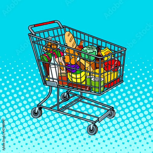 Shopping cart with food products pop art vector