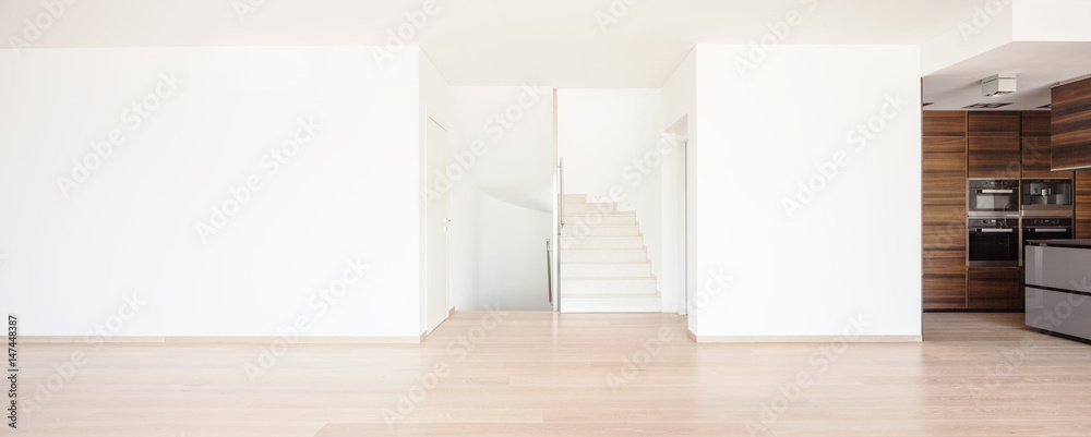 Fototapeta premium Empty white room with brown kitchen